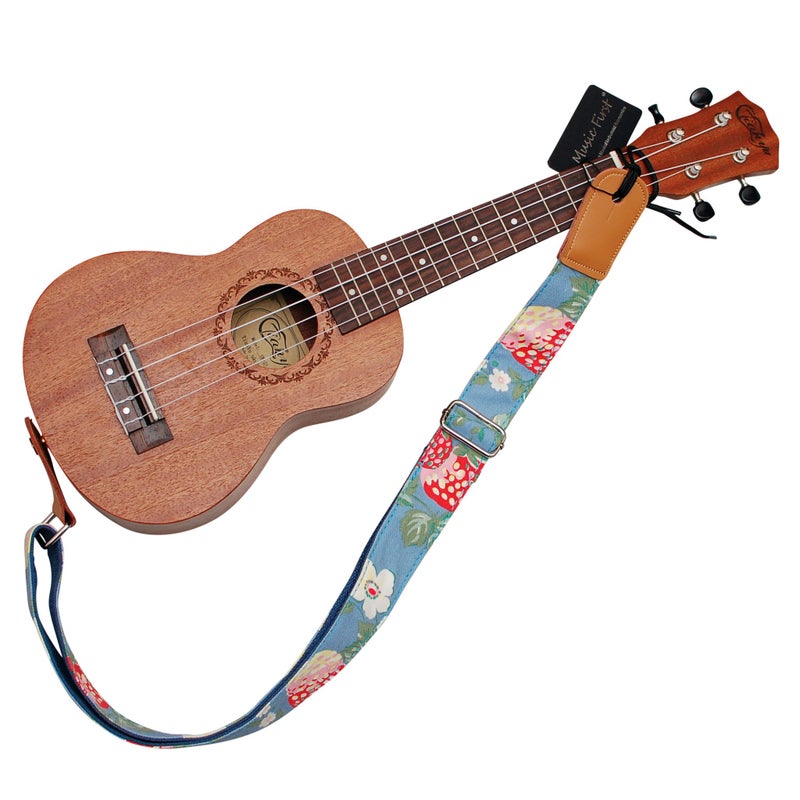 MUSIC FIRST Original Design â€œStrawberry Flowersâ€ Vintage style Soft Canvas & Genuine Leather Ukulele Strap Ukulele Shoulder Strap - Image 2